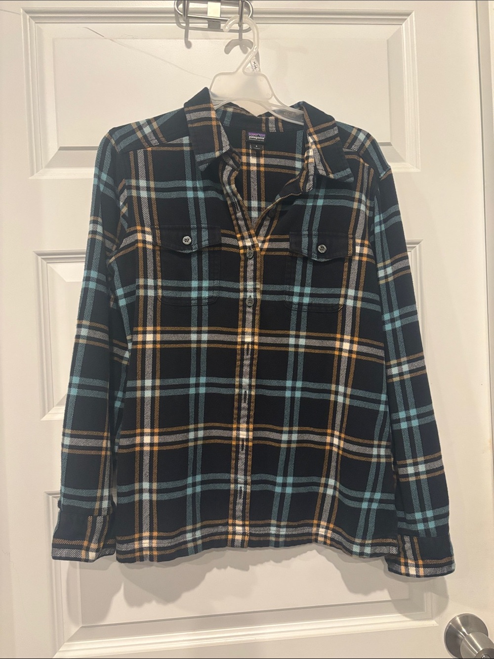 Patagonia Black Plaid Button-Down flannel Shirt with Blue & Yellow Accents